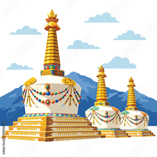 Buddhist Stupa with Golden Spire and Mountains Flat Vector Illustration