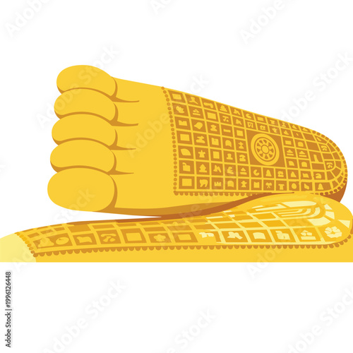 Golden Decorated Sacred Feet Flat Vector Illustration with Spiritual Symbols