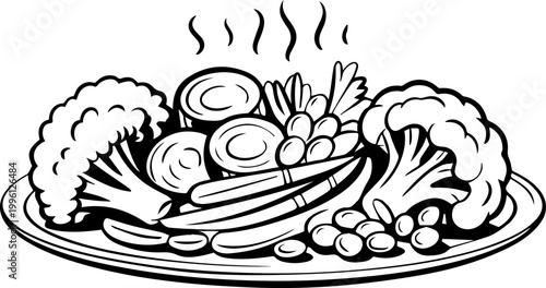 Steamed Vegetables with Broccoli and Carrots Sketch Illustration