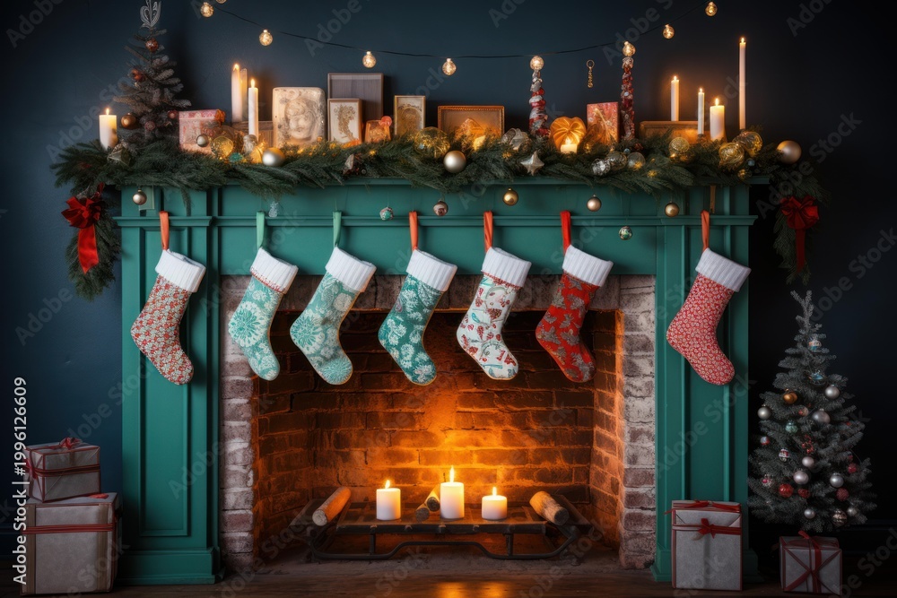Obraz premium Holiday decorated chimney with lit candles and garland creating a warm festive atmosphere