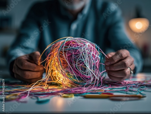 Complexity and problem solving A senior man is shown untangling a colorful ball of string representing the challenges confusion and mental acuity required for solution finding.