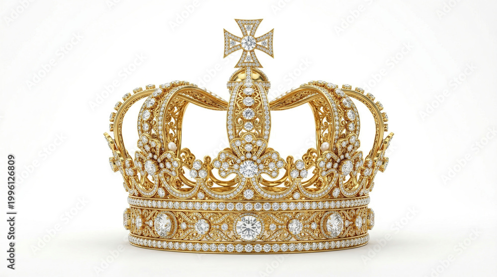 Fototapeta premium Golden royal crown with cross and gemstones on white background