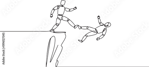 Single one line drawing robot kick throw colleague off cliff or hill. Eliminate rival coworker. Rivalry and competition. one line Icon drawing