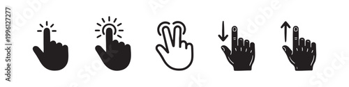 Vector icons of touch screen gestures including scrolling, tapping, clicking, and swiping in clean line and solid silhouette styles. Ideal for UI/UX mobile app guides.