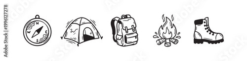 Vector icons of outdoor hiking equipment in a clean bold outline style: a campfire with logs, a trekking boot, a compass, a dome tent, and a travel backpack.