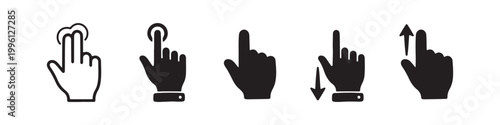 Vector icons of touch screen gestures including scrolling, tapping, clicking, and swiping in clean line and solid silhouette styles. Ideal for UI/UX mobile app guides.