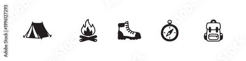 Vector icons of outdoor hiking equipment in a clean bold outline style: a campfire with logs, a trekking boot, a compass, a dome tent, and a travel backpack.