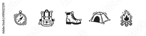 Vector icons of outdoor hiking equipment in a clean bold outline style: a campfire with logs, a trekking boot, a compass, a dome tent, and a travel backpack.