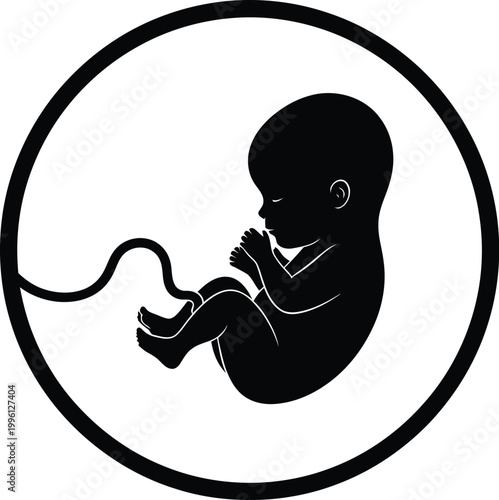 Stylized black vector illustration of a human fetus or embryo developing within a protective circular graphic design, representing prenatal life and early growth.
