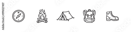 Vector icons of outdoor hiking equipment in a clean bold outline style: a campfire with logs, a trekking boot, a compass, a dome tent, and a travel backpack.