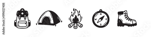 Vector icons of outdoor hiking equipment in a clean bold outline style: a campfire with logs, a trekking boot, a compass, a dome tent, and a travel backpack.