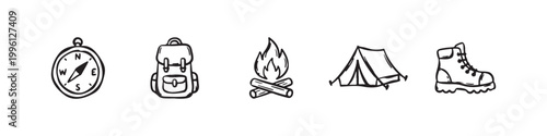 Vector icons of outdoor hiking equipment in a clean bold outline style: a campfire with logs, a trekking boot, a compass, a dome tent, and a travel backpack.