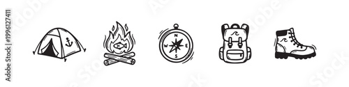 Vector icons of outdoor hiking equipment in a clean bold outline style: a campfire with logs, a trekking boot, a compass, a dome tent, and a travel backpack.