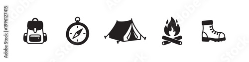 Vector icons of outdoor hiking equipment in a clean bold outline style: a campfire with logs, a trekking boot, a compass, a dome tent, and a travel backpack.