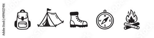 Vector icons of outdoor hiking equipment in a clean bold outline style: a campfire with logs, a trekking boot, a compass, a dome tent, and a travel backpack.