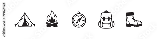 Vector icons of outdoor hiking equipment in a clean bold outline style: a campfire with logs, a trekking boot, a compass, a dome tent, and a travel backpack.