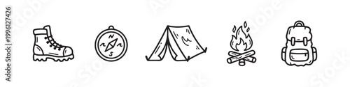 Vector icons of outdoor hiking equipment in a clean bold outline style: a campfire with logs, a trekking boot, a compass, a dome tent, and a travel backpack.