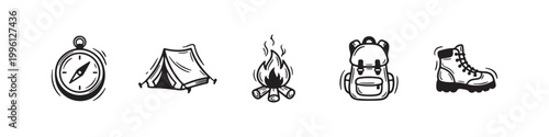 Vector icons of outdoor hiking equipment in a clean bold outline style: a campfire with logs, a trekking boot, a compass, a dome tent, and a travel backpack.