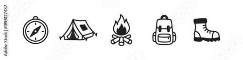 Vector icons of outdoor hiking equipment in a clean bold outline style: a campfire with logs, a trekking boot, a compass, a dome tent, and a travel backpack.