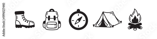 Vector icons of outdoor hiking equipment in a clean bold outline style: a campfire with logs, a trekking boot, a compass, a dome tent, and a travel backpack.