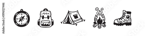 Vector icons of outdoor hiking equipment in a clean bold outline style: a campfire with logs, a trekking boot, a compass, a dome tent, and a travel backpack.