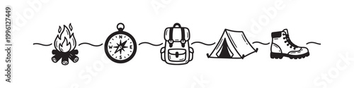 Vector icons of outdoor hiking equipment in a clean bold outline style: a campfire with logs, a trekking boot, a compass, a dome tent, and a travel backpack.