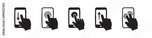Vector icons of touch screen gestures including scrolling, tapping, clicking, and swiping in clean line and solid silhouette styles. Ideal for UI/UX mobile app guides.