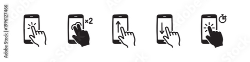 Vector icons of touch screen gestures including scrolling, tapping, clicking, and swiping in clean line and solid silhouette styles. Ideal for UI/UX mobile app guides.