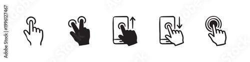 Vector icons of touch screen gestures including scrolling, tapping, clicking, and swiping in clean line and solid silhouette styles. Ideal for UI/UX mobile app guides.