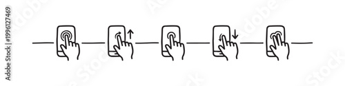 Vector icons of touch screen gestures including scrolling, tapping, clicking, and swiping in clean line and solid silhouette styles. Ideal for UI/UX mobile app guides.