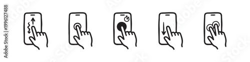 Vector icons of touch screen gestures including scrolling, tapping, clicking, and swiping in clean line and solid silhouette styles. Ideal for UI/UX mobile app guides.