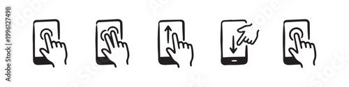 Vector icons of touch screen gestures including scrolling, tapping, clicking, and swiping in clean line and solid silhouette styles. Ideal for UI/UX mobile app guides.