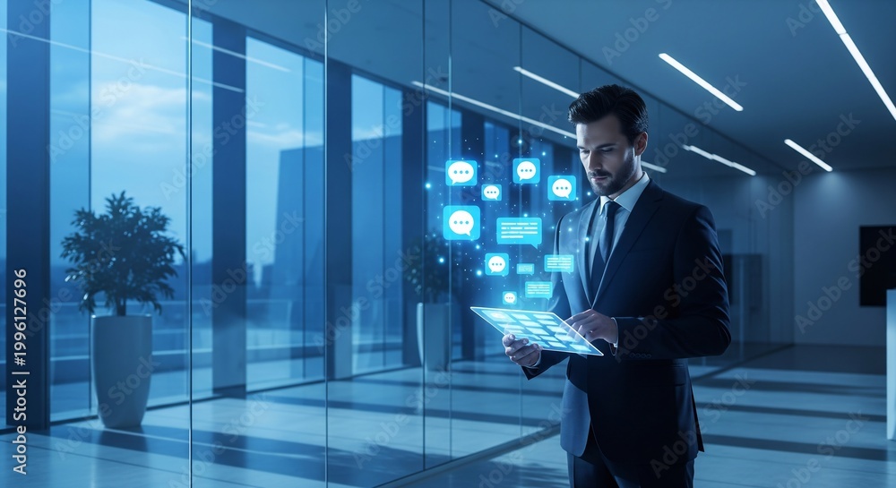 Fototapeta premium Businessman Using Futuristic Digital Tablet with Floating Messaging Ic