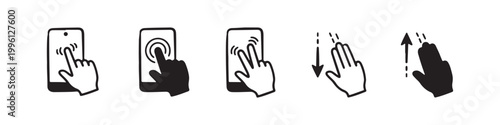 Vector icons of touch screen gestures including scrolling, tapping, clicking, and swiping in clean line and solid silhouette styles. Ideal for UI/UX mobile app guides.