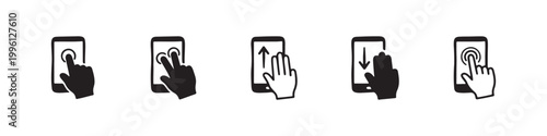 Vector icons of touch screen gestures including scrolling, tapping, clicking, and swiping in clean line and solid silhouette styles. Ideal for UI/UX mobile app guides.