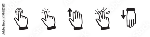 Vector icons of touch screen gestures including scrolling, tapping, clicking, and swiping in clean line and solid silhouette styles. Ideal for UI/UX mobile app guides.