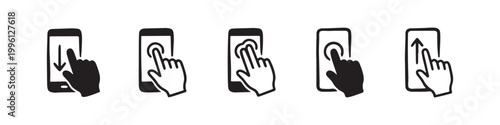 Vector icons of touch screen gestures including scrolling, tapping, clicking, and swiping in clean line and solid silhouette styles. Ideal for UI/UX mobile app guides.