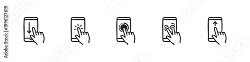Vector icons of touch screen gestures including scrolling, tapping, clicking, and swiping in clean line and solid silhouette styles. Ideal for UI/UX mobile app guides.