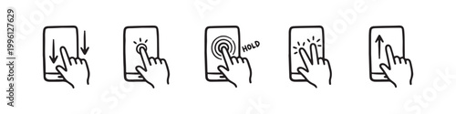 Vector icons of touch screen gestures including scrolling, tapping, clicking, and swiping in clean line and solid silhouette styles. Ideal for UI/UX mobile app guides.
