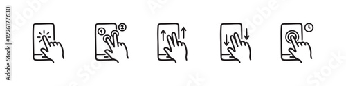 Vector icons of touch screen gestures including scrolling, tapping, clicking, and swiping in clean line and solid silhouette styles. Ideal for UI/UX mobile app guides.