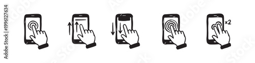 Vector icons of touch screen gestures including scrolling, tapping, clicking, and swiping in clean line and solid silhouette styles. Ideal for UI/UX mobile app guides.