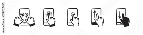Vector icons of touch screen gestures including scrolling, tapping, clicking, and swiping in clean line and solid silhouette styles. Ideal for UI/UX mobile app guides.