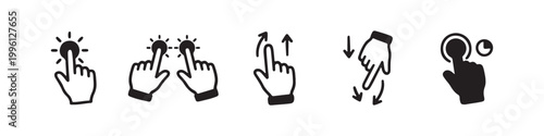 Vector icons of touch screen gestures including scrolling, tapping, clicking, and swiping in clean line and solid silhouette styles. Ideal for UI/UX mobile app guides.