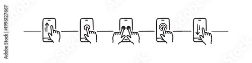 Vector icons of touch screen gestures including scrolling, tapping, clicking, and swiping in clean line and solid silhouette styles. Ideal for UI/UX mobile app guides.