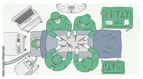 urgical Team Operating on Patient Top View Flat Illustration