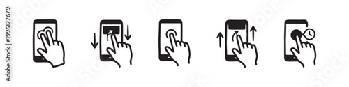 Vector icons of touch screen gestures including scrolling, tapping, clicking, and swiping in clean line and solid silhouette styles. Ideal for UI/UX mobile app guides.