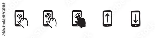 Vector icons of touch screen gestures including scrolling, tapping, clicking, and swiping in clean line and solid silhouette styles. Ideal for UI/UX mobile app guides.