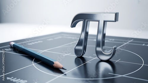Shiny metallic Pi symbol resting on a detailed technical blueprint with a pencil