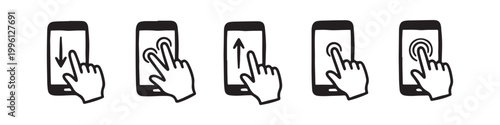 Vector icons of touch screen gestures including scrolling, tapping, clicking, and swiping in clean line and solid silhouette styles. Ideal for UI/UX mobile app guides.