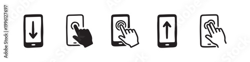 Vector icons of touch screen gestures including scrolling, tapping, clicking, and swiping in clean line and solid silhouette styles. Ideal for UI/UX mobile app guides.